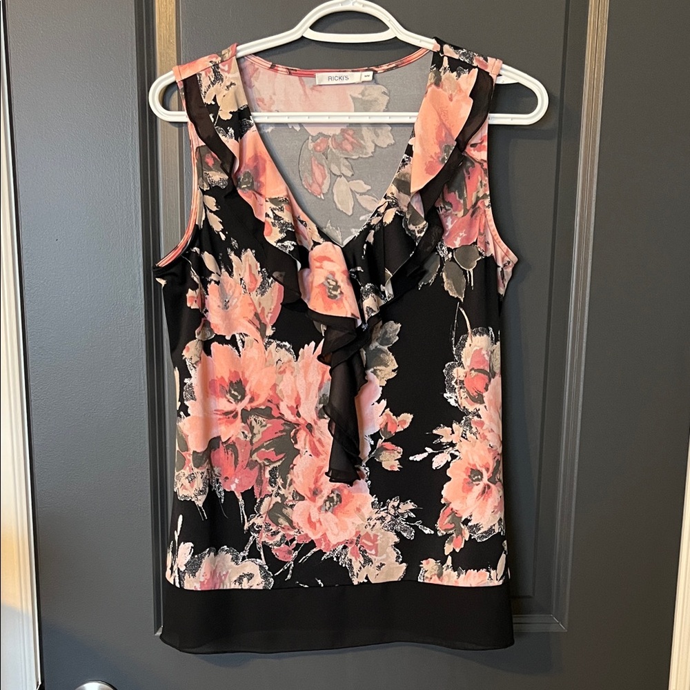 Ricki's Black and Pink Floral Ruffle Blouse